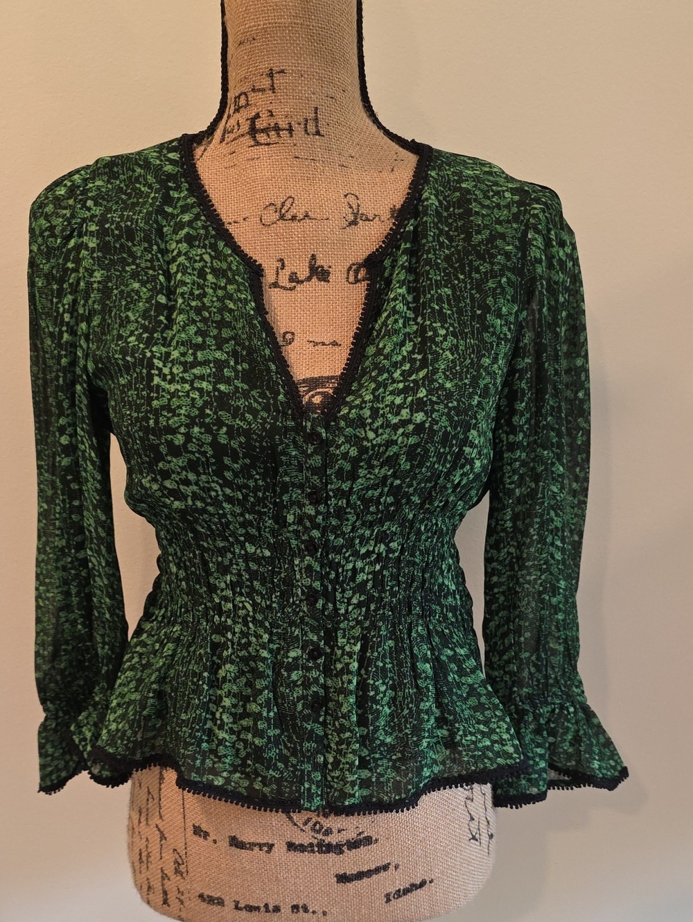ba&sh Green Printed Peplum Blouse with Black Trim